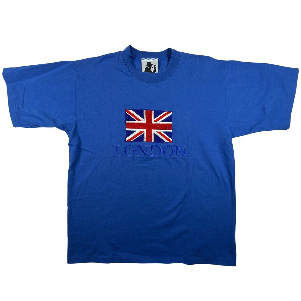 Churchill London T Shirt Men Small VTG Blue Union Jack Flag Embroidered Souvenir